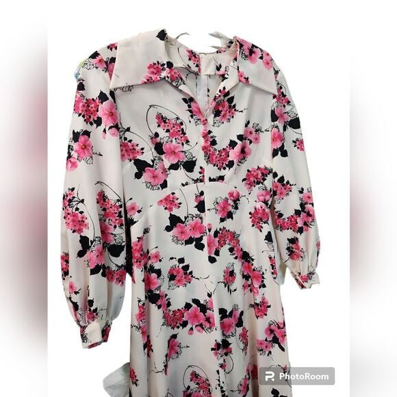 70s Floral Pink Black White Vintage Maxi Dress Gown Puff SleeveβPeterPan Collar - Picture 2 of 5